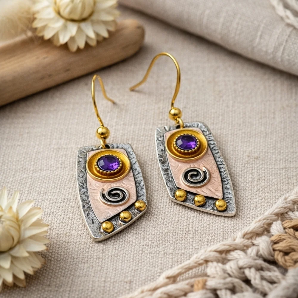 Boho Mixed Metal Purple Gem Spiral Drop Earrings Silver Plated Festival Jewelry